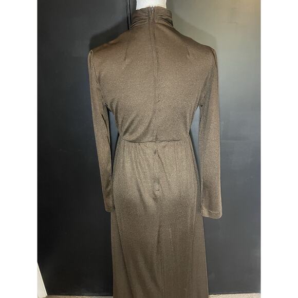 1970s Metallic Bronze Gown w/Draped High Neck/Long Sleeve Maxi–Talon Zipper - Picture 4 of 11